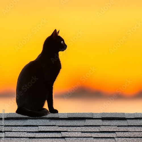 Black Cat Silhouette at Sunset Rooftop