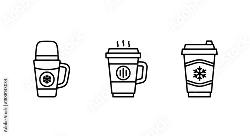 Warm Winter Beverage Icons: Hot Coffee Cups, Tea Mugs, and Thermos for Cold Season Drinks