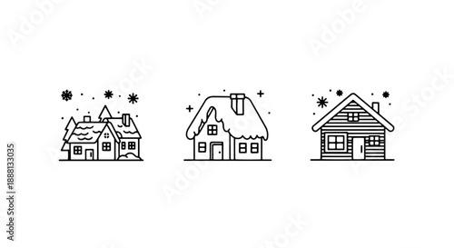 Cozy Winter Cabin Icons: Snowy Houses and Rustic Retreats for Cold Season Getaways