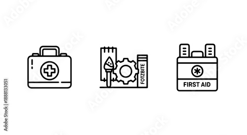 Essential Medical and Technical Icons: First Aid Kits and Engineering Settings for Health and Innovation