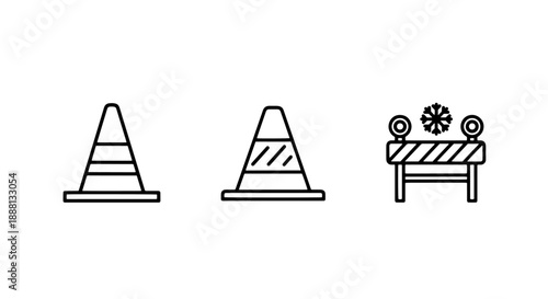 Winter Road Safety Icons: Traffic Cones and Snowy Construction Barrier for Hazardous Area Warnings