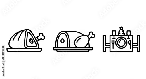 Holiday Feast and Dinner Icons: Roasted Meats and Festive Dining Table for Celebration Meals