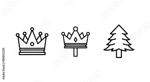 Royal Crowns and Christmas Tree Icons: Majestic Headwear and Festive Evergreen Outline Illustrations for Diverse Themes