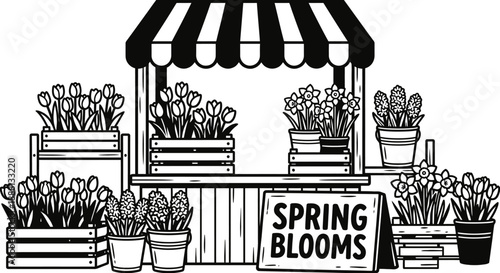 Flower market stall vector with colorful spring blossoms and plants