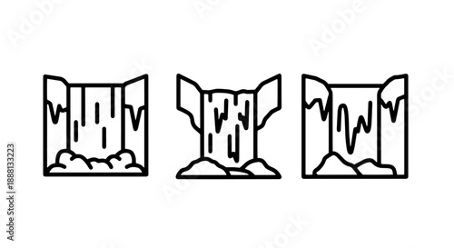 Natural Waterfall Icons Set: Flowing River and Cascade Outline Illustrations for Nature and Outdoor Themes