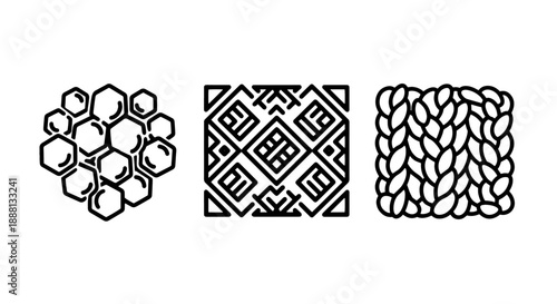 Diverse Textile & Geometric Patterns: Hexagon Grid, Abstract Design, and Knit Texture Outline Icons