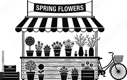 Flower market stall vector with colorful spring blossoms and plants