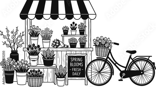 Flower market stall vector with colorful spring blossoms and plants