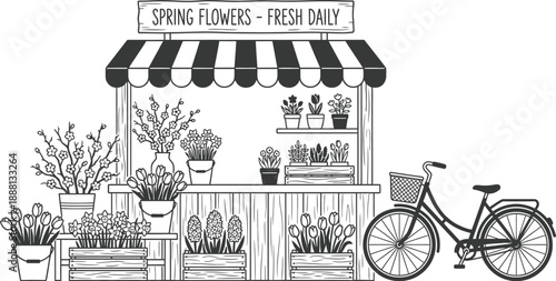 Flower market stall vector with colorful spring blossoms and plants