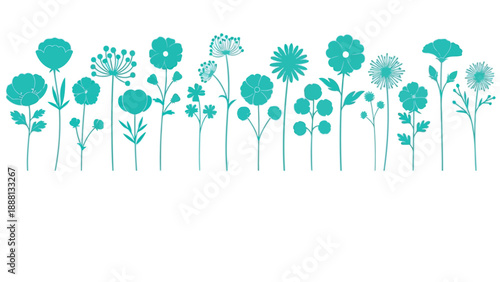 A minimalist arrangement of stylized teal wildflowers and foliage creates a calming botanical design against a white background