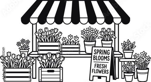 Flower market stall vector with colorful spring blossoms and plants