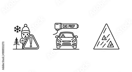 Winter Road Safety & Warning Icons: Snowman Hazard, Car Preparation, and Avalanche Sign Outline Graphics