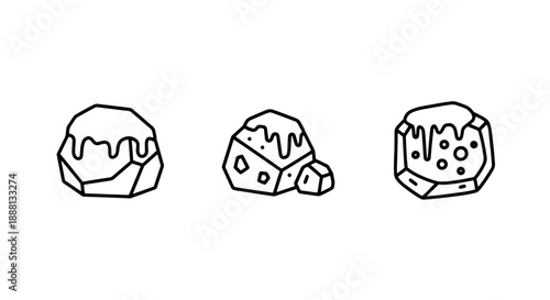 Icy Rock Formations Outline Icons: Snow Covered Stones and Frozen Boulders for Winter Landscape Elements