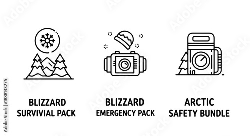 Arctic Survival & Emergency Pack Icons: Blizzard Safety Gear and Winter Outdoor Equipment Outline Graphics