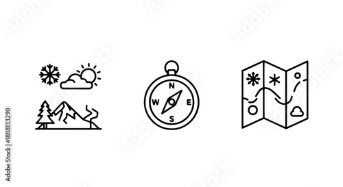 Winter Travel & Navigation Icons: Snowy Mountain Landscape, Compass, and Map for Outdoor Adventure