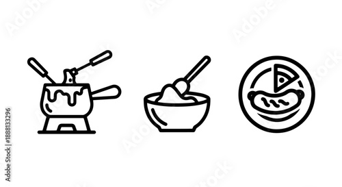 Diverse Line Art Food Icons: Classic Fondue, Creamy Dip, and Fast Food Plate with Pizza and Hot Dog for Restaurant Menus and Culinary Concepts