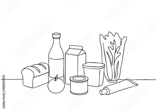 line sketch set of products from the store laid out on the table on white background