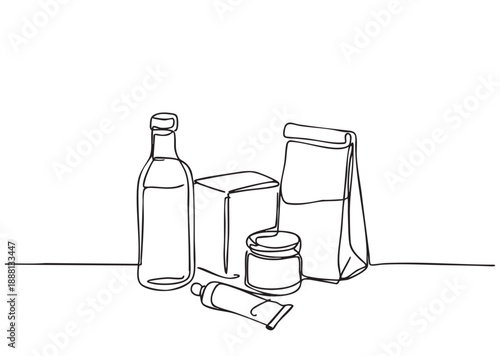 Doodles sketch set of products from the store laid out on the table on white background