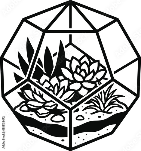 Succulent terrarium vector with green plants in glass container