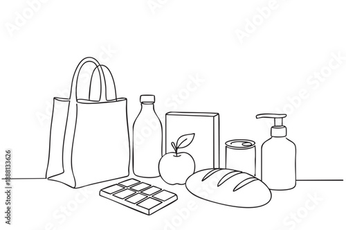 line sketch set of products from the store laid out on the table on white background