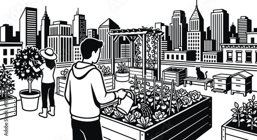 Rooftop garden in modern urban city setting vector illustration