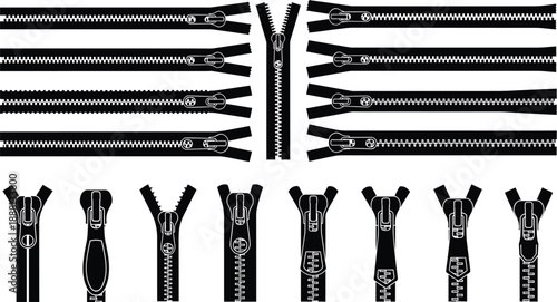 Metal Zipper Slider and Puller Set Featuring Various Styles and Shapes for Fashion Design Tailoring and Textile Accessory Illustration Projects
