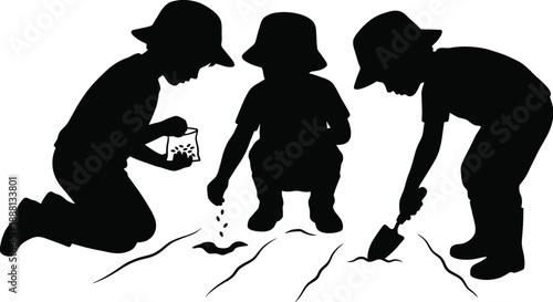 Children planting seeds in a sunny garden vector illustration