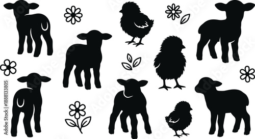 Spring lambs and chicks illustration in cute vector style
