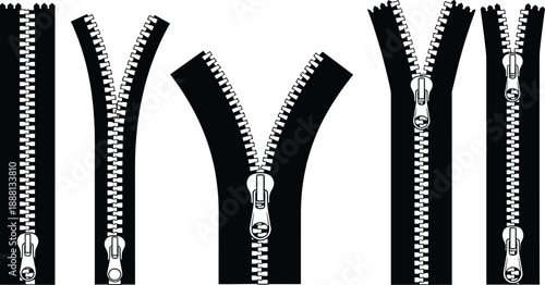 Metal Zipper Slider and Puller Head Vector Illustration Set Featuring Various Styles and Shapes for Fashion Garment and Accessory Design