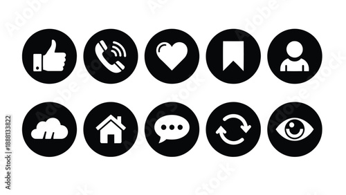 A collection of simple black and white circular icons representing various digital communication and action options