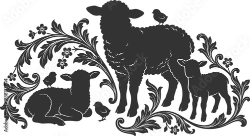 Spring lambs and chicks illustration in cute vector style