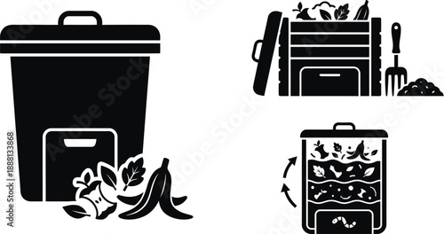 Compost bin and organic waste in flat vector style