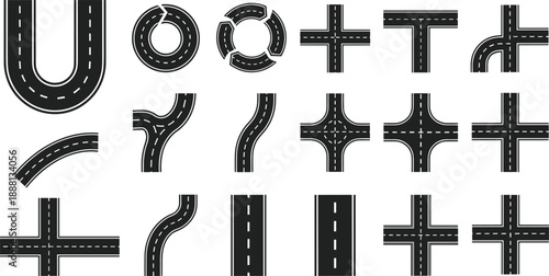 Road and Highway Map Vector Element Set Featuring Intersections Roundabouts Curves and Straight Asphalt Path Segments for Transportation Design Projects