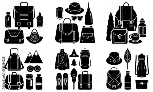 Travel and camping gear set with backpacks, hats, and accessories in black and white silhouette sunglasses