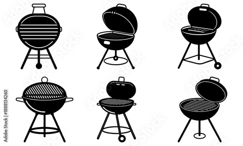 Six black and white barbecue grills with transparent background charcoal grill outdoor cooking