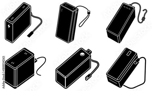 Six Different Power Banks with Cables in Isometric View on White Background portable charger electronic device