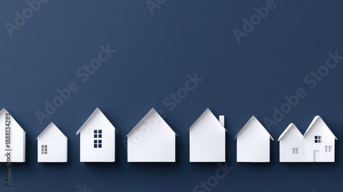 Minimalist white paper houses on blue background: modern architectural concept