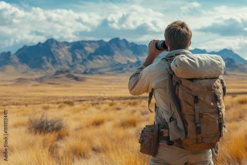 Man in safari gear using binoculars to observe distant mountains under clear sky in desert landscape. Concept of adventure, exploration, and reconnecting with nature in remote, untouched environment