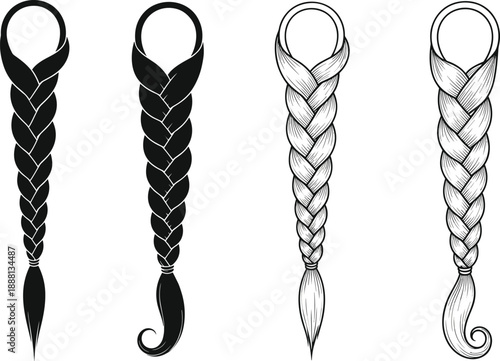 Braided Hair Extension Vector Illustration Set Featuring Black Silhouette and Detailed Line Art Outline Drawings for Beauty and Hair Salon Designs
