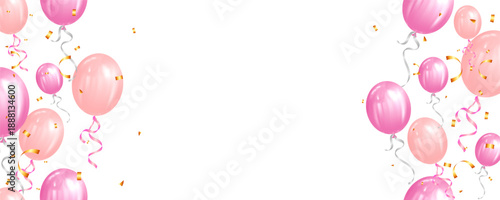 Pink, orange balloons and confetti for Valentine day, greeting card, love festival frame template seamless vertical