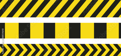 Yellow and Black Caution Warning Tape Vector Illustration Set Featuring Diagonal Stripes Checkered and Chevron Patterns for Safety and Construction Designs