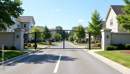 Gated entrance of modern residential community, security and tranquility