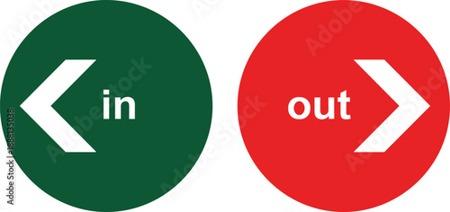 Green and Red Circular Directional Arrow Icons with In and Out Text for Wayfinding Navigation and Traffic Control Design Projects
