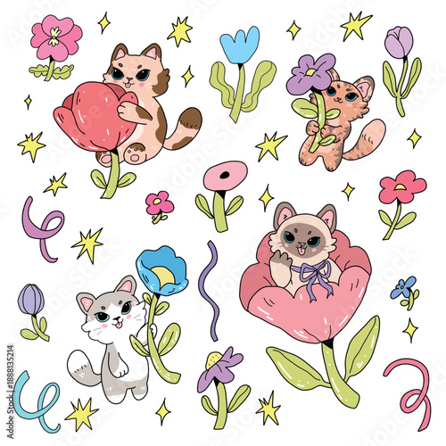 Vector collection of adorable stickers featuring cute cats in flowers and stars. Playful poses, lolling tongues and charming facial expressions create a cozy mood.