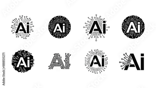 Four variations of artificial intelligence icons are displayed resembling fingerprints with integrated circuits high quality professional