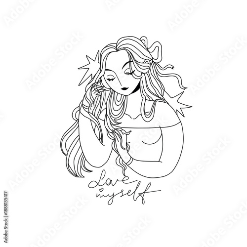 A young woman gently strokes her hair with her eyes closed. Vector illustration in outline style on a white background. Self-love, positive body image, self-care, peace of mind.