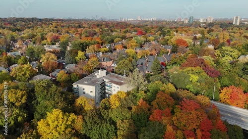 Panoramic aerial video of Toronto skyline blending dense urban cityscape with autumn forest canopy by Lake Ontario.