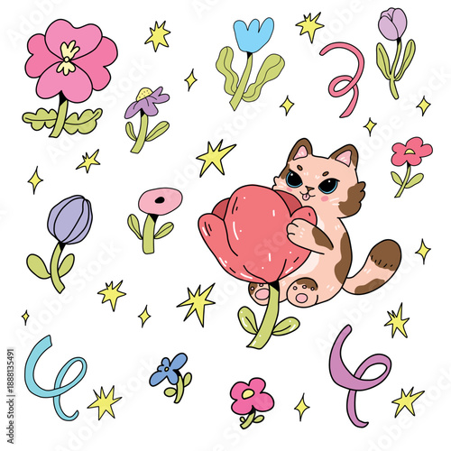 A set of vector decorative stickers depicting a cute red spotted cat on a flower. Funny kawaii-style illustration on a white background.