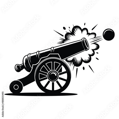 A vintage cannon firing a cannonball depicted in a black and white style