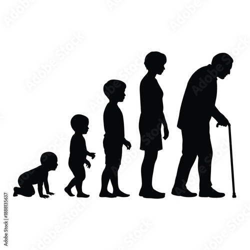 Human life cycle depicted as a silhouette progression from infancy to old age